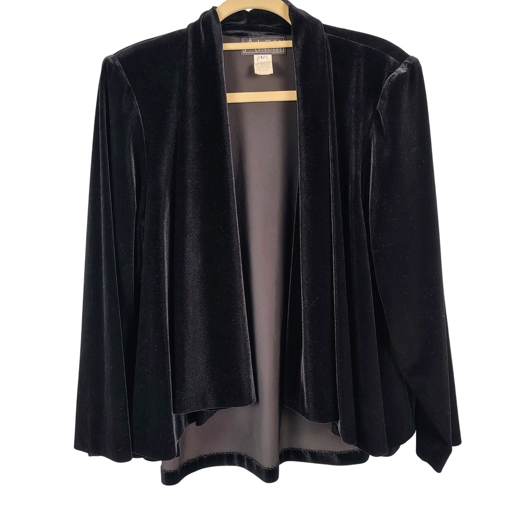 Alex Evenings Womens L Velvet Open Front Cardigan Black Stretch Gothcore Formal